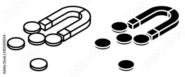 Fototapeta Linear isometric icon. Magnet attracts coins and provides a bonus for successful transactions. Simple vector isolated on white background