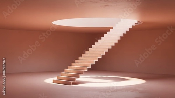 Fototapeta Sleek White Spiral Staircase in an Abstract Room, Bathed in Bright, Ethereal Light