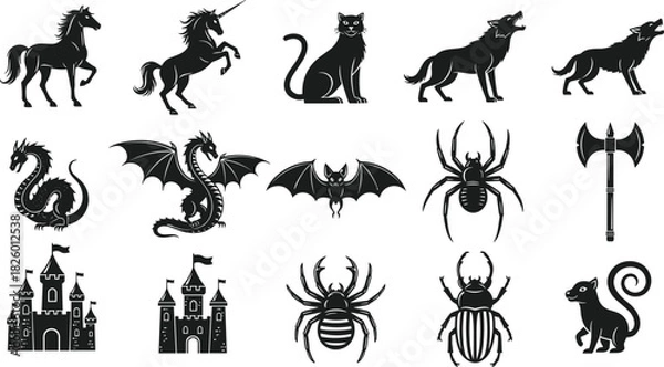 Fototapeta Fantasy creature silhouette vector set, mythical animals, dragons, unicorns, wolves, spiders, castles, magical symbols and elements for decorative artwork, medieval themed illustrations