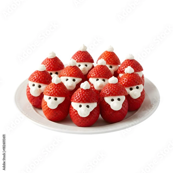 Obraz Group of Fresh Strawberry Santas Made with Whipped Cream and Edible Decorations on a White Plate isolated on a transparent background 