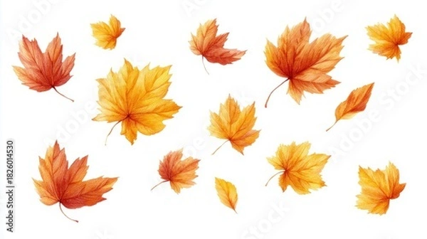 Fototapeta Watercolor illustration of autumn maple leaves in shades of gold and red