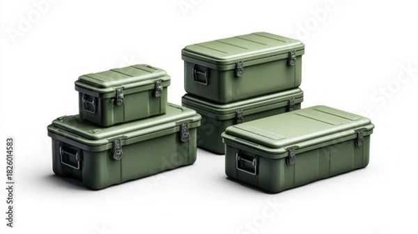 Fototapeta Green storage containers stacked on a white background