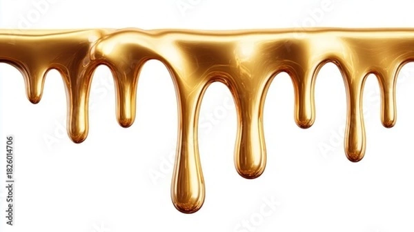 Fototapeta Golden liquid dripping against a clean white background for design and concepts