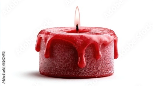Fototapeta Burning red candle with dripping wax against a clean white background