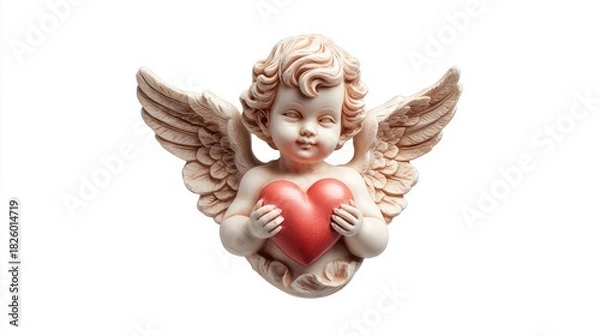 Fototapeta Cherubic angel statue holding a red heart on a white background