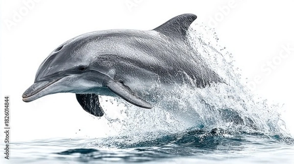 Fototapeta a bottlenose dolphin leaping out of the water against a white background