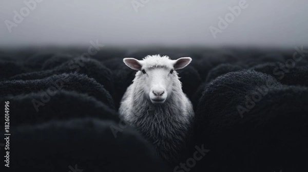 Fototapeta A unique white sheep stands out from a crowd of black sheep in a field