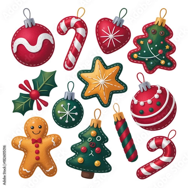 Obraz Collection of festive handmade felt Christmas ornaments, including gingerbread man, candy canes, and decorative baubles, isolated on a black background.