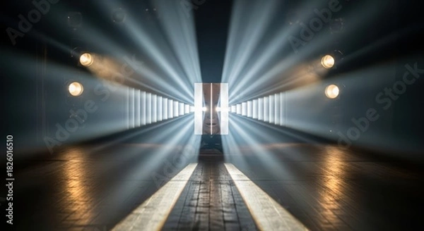 Fototapeta Illuminating pathway with radiant beams, wooden floor reflecting ethereal lights, a modern design