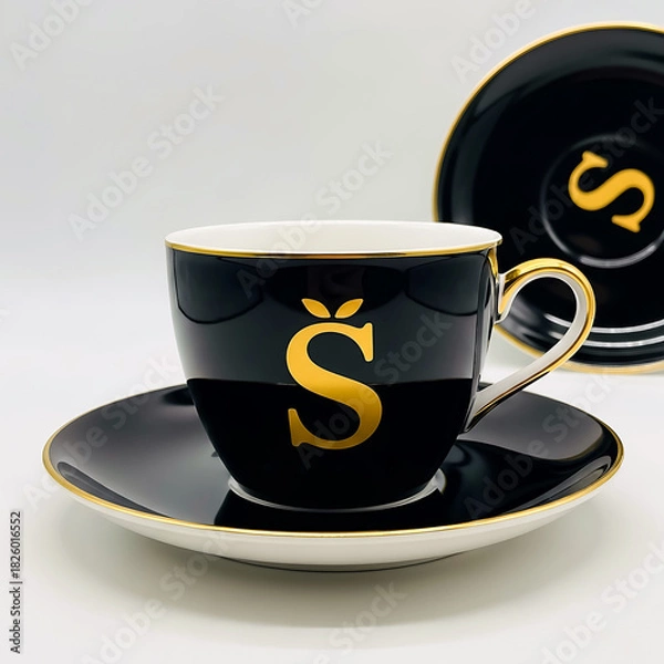Obraz Black teacup and saucer with gold letter S and trim image