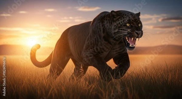 Obraz Fearsome black panther prowls through golden grasslands at vibrant sunset hour