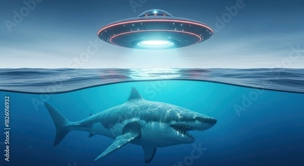 Fototapeta Surreal encounter: Great white shark meets unidentifiable flying object in open water