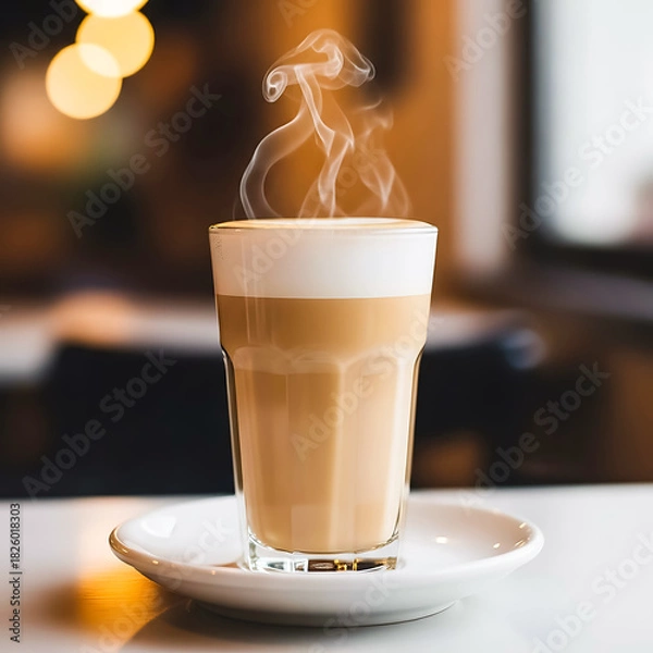 Obraz Steaming latte with foamy milk in a tall glass on a saucer coffe