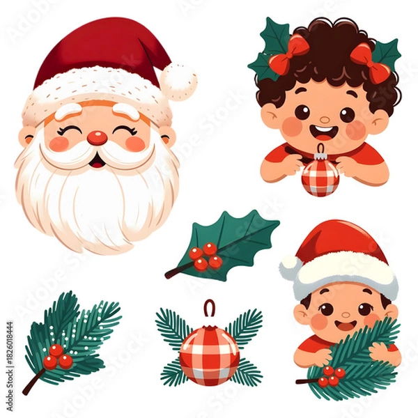 Obraz Cute Christmas Characters and Festive Holiday Elements Set with Santa, Kids, Holly, Pine, and Ornaments on Black Background