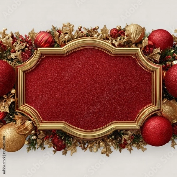 Fototapeta Elegant Christmas frame with golden ornaments and red velvet background, perfect for festive designs and seasonal decorations.
