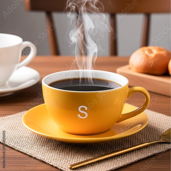 Obraz Yellow coffee cup with steam and saucer on burlap yellow cup hot