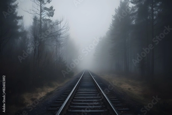 Fototapeta Fog enveloped forest railway tracks disappearing into misty horizon under muted minimal tones for mysterious landscape scene foggy morning in the forest