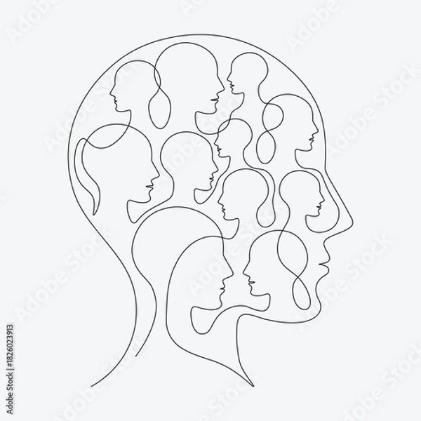 Obraz one line art of Metaphor bipolar disorder, Double face, Split personality, Parkinson, Dual personality and Mental health illness.