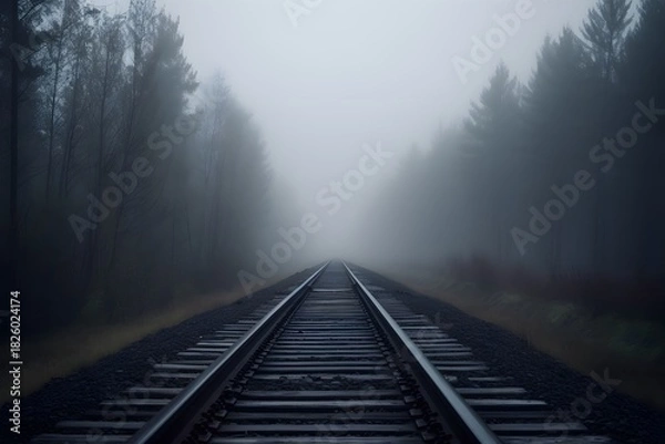 Obraz Atmospheric forest railway shot with old tracks receding into dense fog through woodland under moody dawn light and quiet solitude foggy morning in the forest