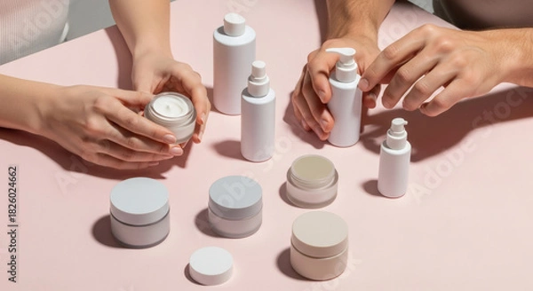 Fototapeta Hands Interacting With Plain Skincare Products On A Pastel Colored Background