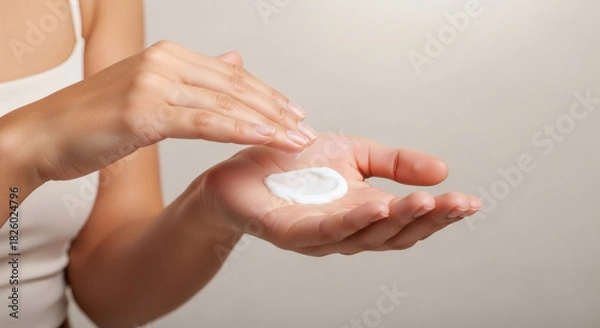 Fototapeta Hands Spreading Moisturizer Between Palms Mid Upper Body Crop Clean Minimal Product Demonstration