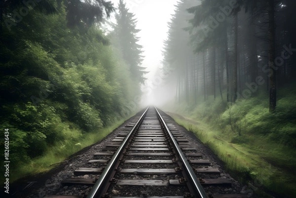 Fototapeta Atmospheric woodland landscape with old railway tracks disappearing into fog-filled forest horizon under subdued light and quiet solitude railway in the morning