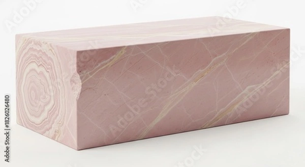 Fototapeta A rectangular block of rosy-pink stone or wood with subtle veining and a tree-ring pattern visible on the end grain rests on a white background.