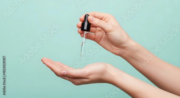 Fototapeta Dropper Releasing Serum Above Open Palm Visible Arms and Hands