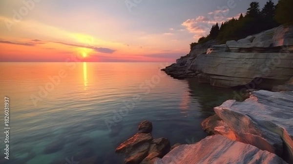 Obraz Rugged seaside cliffs meeting serene ocean at golden hour with vibrant sunset reflection and crisp horizon over tranquil sea sunset over the sea