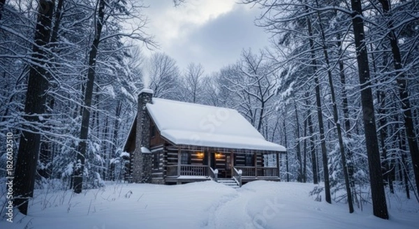 Fototapeta A cozy log cabin, its window glowing with warmth, sits covered in snow within a quiet, wintry forest.