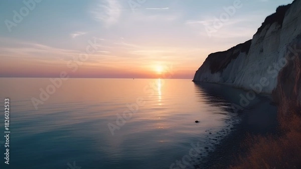 Fototapeta Dramatic coastal landscape of rocky cliff and calm sea reflecting vivid sunset light beneath soft sky at dusk sunset over the sea