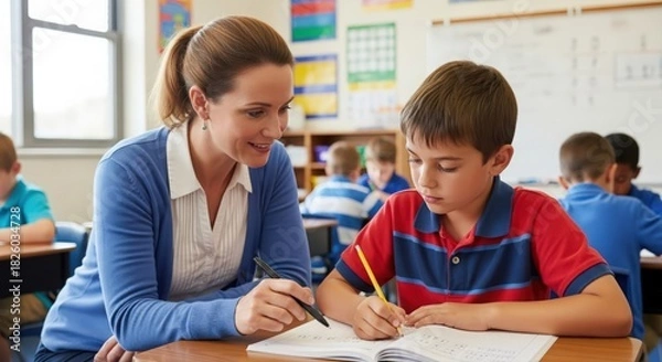 Obraz Supportive Teacher Guiding Student with Learning Challenges During Classroom Activity