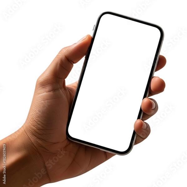 Obraz Hand, holding a modern smartphone with a blank white screen, cutout, PNG isolated on a transparent background, AI
