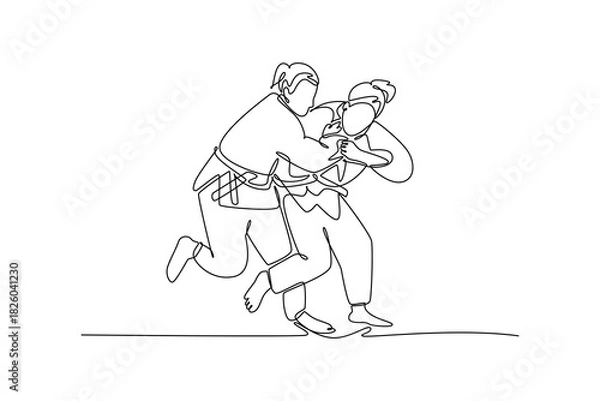 Fototapeta Single continuous line drawing two beautiful women are locked in close-quarters grapple with one executing hip throw setup. Technique strength of Judo. One line draw graphic design vector illustration
