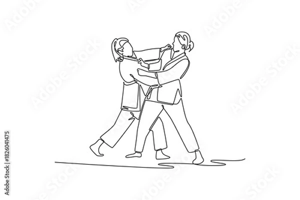 Obraz Single one line drawing two women are locked in a close-quarters grapple for collar and sleeve. Strategic and focused intensity of Judo combat. Continuous line draw design graphic vector illustration