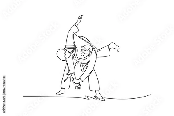 Obraz Single one line drawing two men are performing sacrifice throw in Judo, with one figure unbalancing other. Fluid motion and powerful technique. Continuous line draw design graphic vector illustration