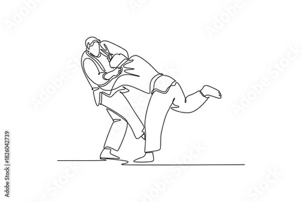 Obraz Continuous one line drawing two men are locked in close-quarters grapple with one executing hip-and-leg throw setup. Technique and strength of Judo. Single line draw design vector graphic illustration
