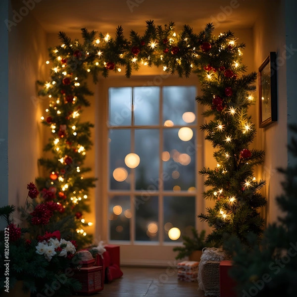 Obraz Warm and Festive Christmas Garland Adorning a Window with Sparkling Lights and Holiday Decorations