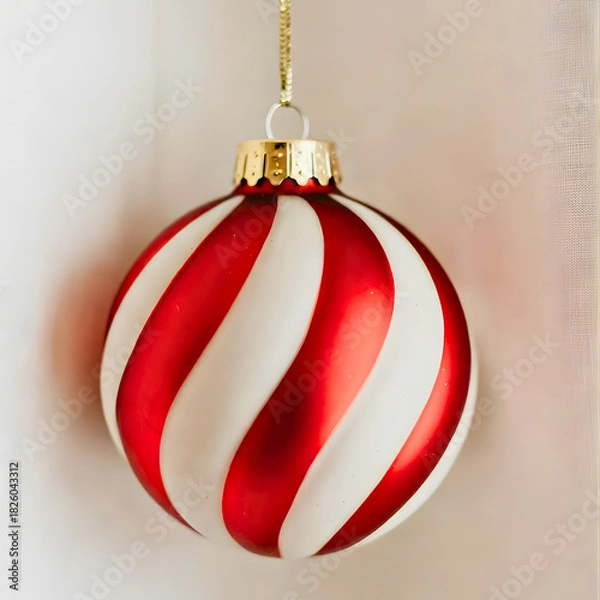 Obraz Classic Red and White Striped Christmas Ornament Hanging on a Light Background
