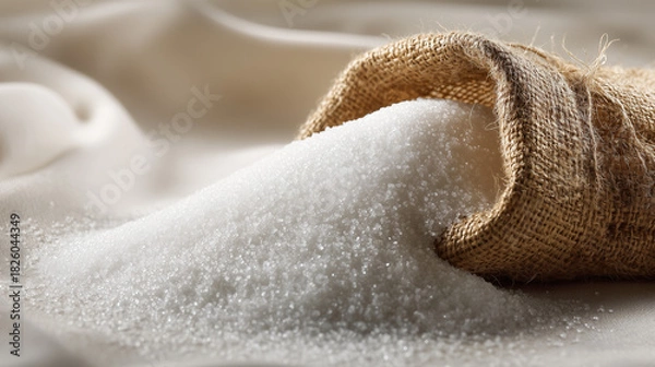 Fototapeta Spilled salt grains white ingredient rustic burlap bag