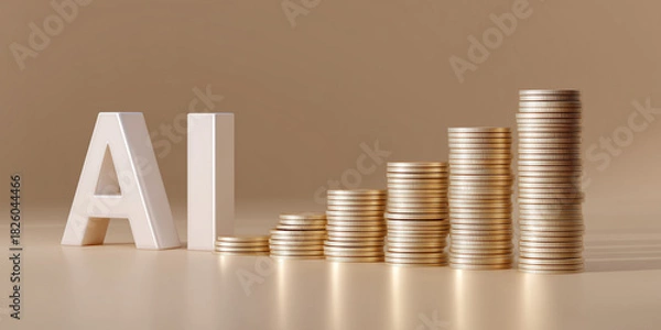 Fototapeta AI letters and gold coins wealth growth economic concept