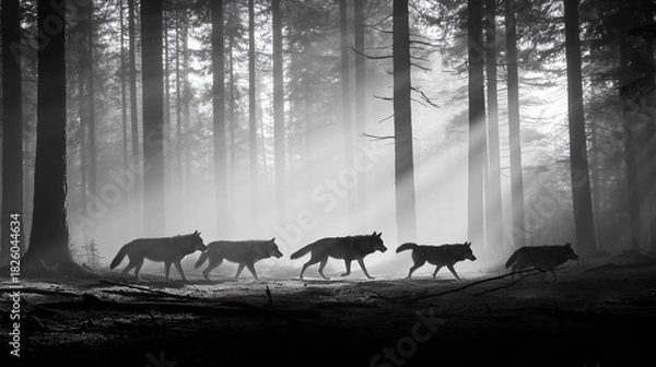 Fototapeta Wolves exploring moody fog forest nature wildlife scene