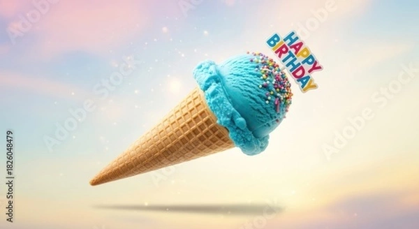 Obraz A scoop of bright blue ice cream with sprinkles and a 'HAPPY BIRTHDAY' sign floats above a waffle cone against a soft, colorful pastel sky.