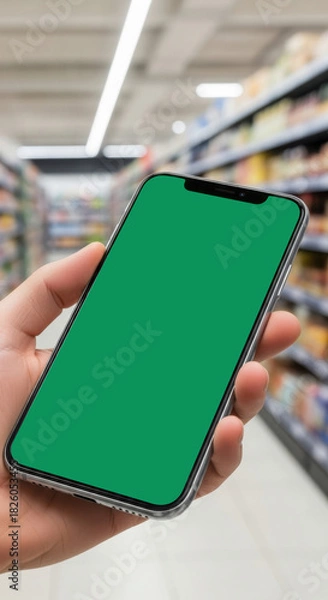 Fototapeta Hand holding modern smartphone with green screen mockup for easy content replacement while shopping in a brightly lit supermarket aisle