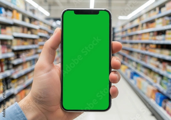 Fototapeta Hand holding modern smartphone with green screen mockup in foreground while standing in blurred grocery store aisle with shelves of product