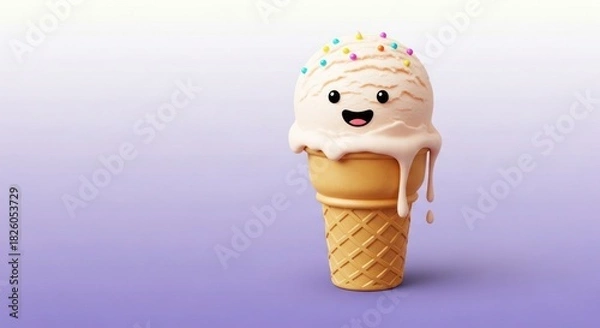 Obraz A cute, smiling ice cream cone with sprinkles and dripping sauce on a gradient background.