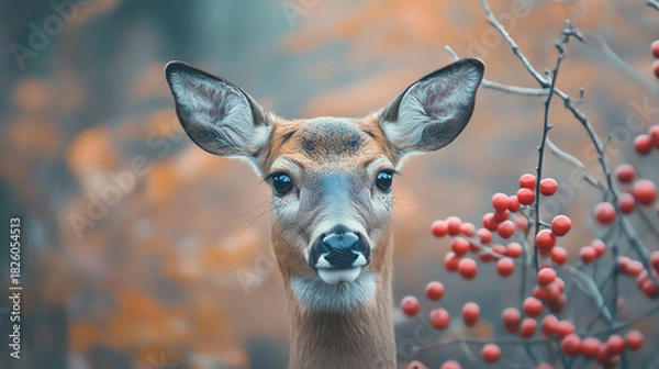 Obraz Closeup deer muzzle near forest berries, soft tones