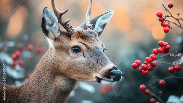 Obraz Closeup deer muzzle near forest berries, soft tones