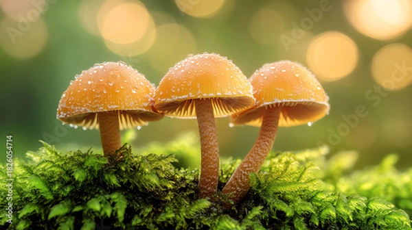 Obraz Closeup dewcovered mushrooms on moss, shallow depth