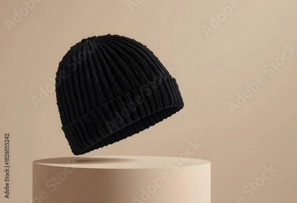 Obraz Minimalist black ribbed knit beanie hat gracefully floating above a light beige cylindrical display stand. black beanie